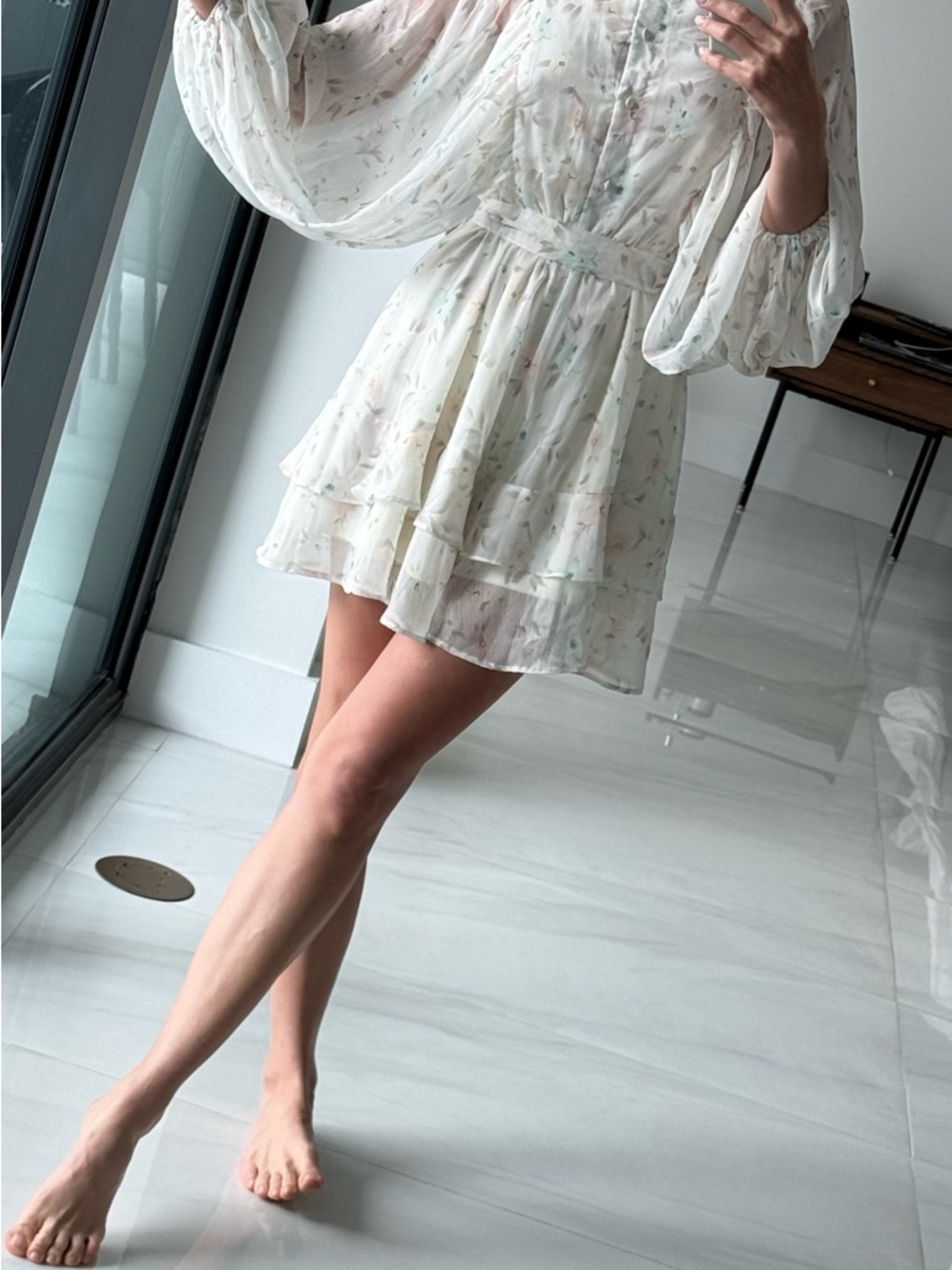Sheer Floral Tiered Mini Dress in Ivory